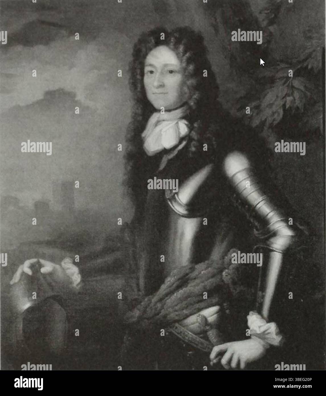 Questo ritratto di Gustavus Hamilton, i visconte Boyne, risalente al XVIII secolo, fu dipinto da un artista sconosciuto. Il pezzo fornisce una rappresentazione dettagliata di Hamilton, catturando la sua statura e le sue nobili caratteristiche con grande precisione. Foto Stock