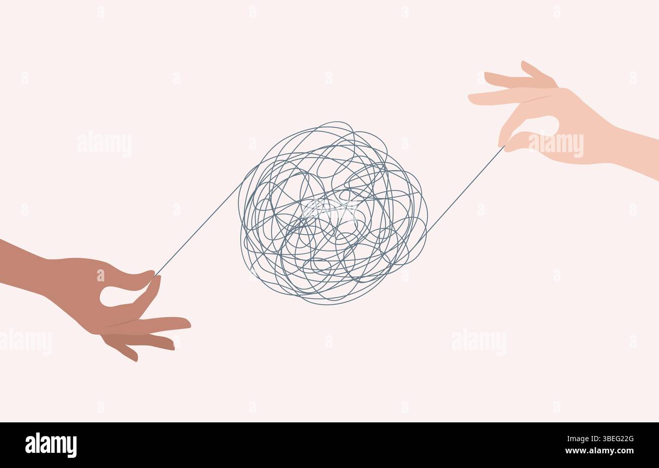 Mani di persone con tonalità della pelle diverse che districano una palla di filo. Concetto di risoluzione dei problemi. Illustrazione vettoriale piatta Illustrazione Vettoriale