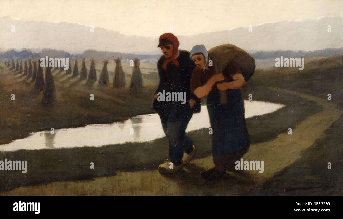 Dipinto di Eugène Laermans del 1906 intitolato "bij avondschemering" (al tramonto), raffigurante figure in un paesaggio rurale crepuscolo. Foto Stock