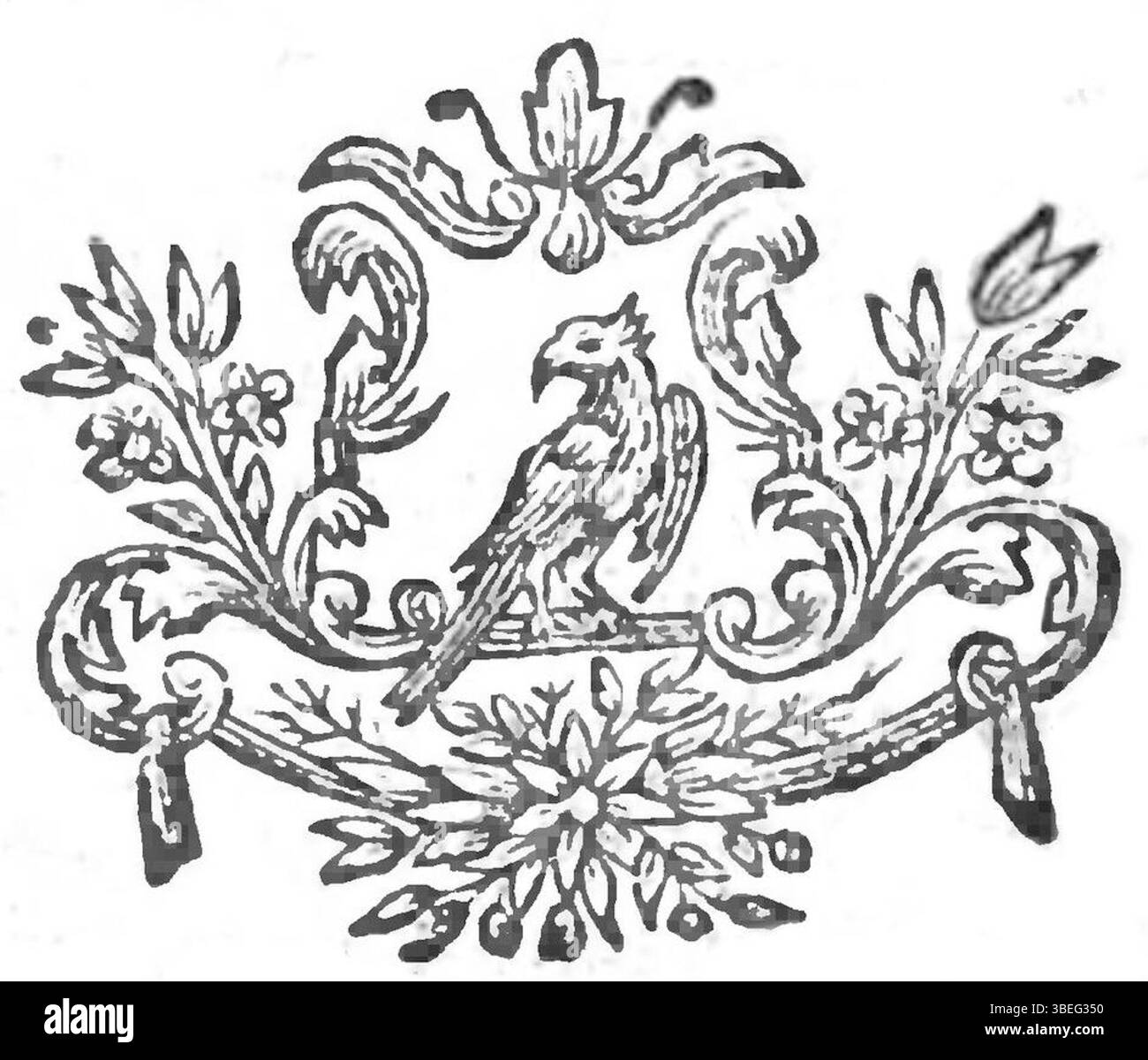 L'immagine tipografica finale dell'edizione 1742 di Nicolai Klimii *ITER Subterraneum*, con il capitolo X. questa immagine appare sull'ultima pagina del libro, continuando la tradizione tipografica dell'opera e il suo stile di pubblicazione del XVIII secolo, un pezzo notevole nella prima pubblicazione letteraria moderna. Foto Stock