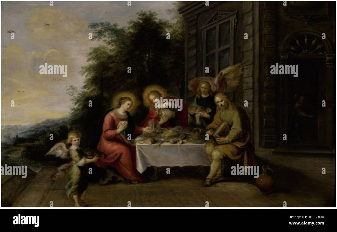 "The Holy Family Dining Outside while served by Angels" di Frans Francken il giovane (1581-1642) è un dipinto ad olio su pannello, di 53 x 86 cm. La scena ritrae la Sacra famiglia in un ambiente tranquillo all'aperto, frequentato da angeli. Foto Stock