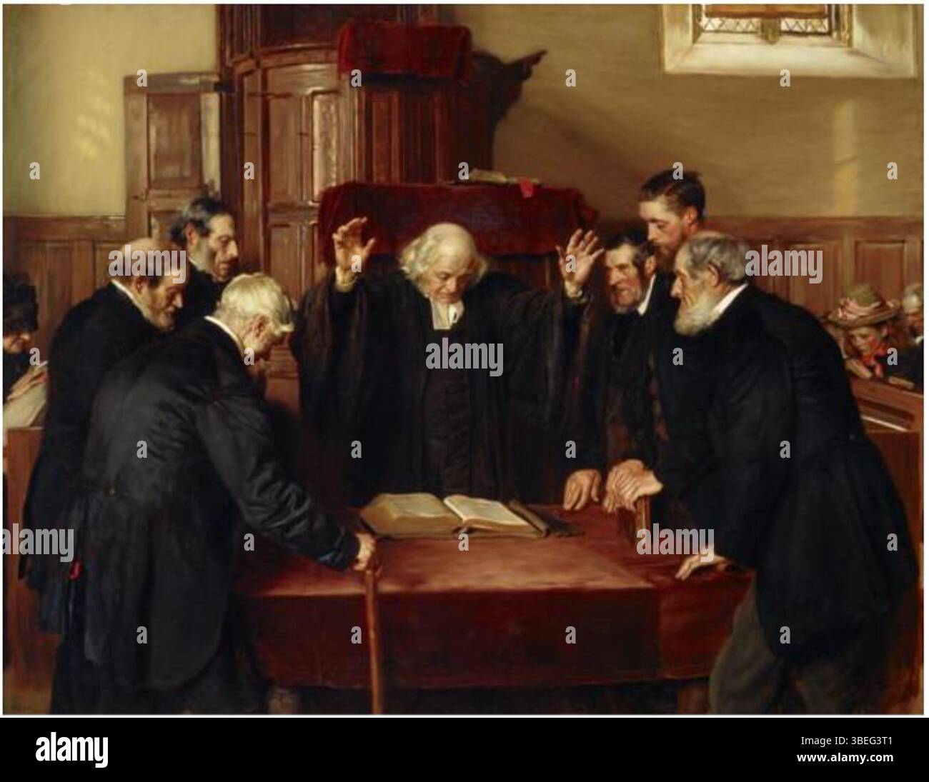 The Ordination of Elders in a Scottish Kirk (1891) di John Henry Lorimer ritrae un momento sacro in una chiesa scozzese, catturando la solennità e la tradizione delle cerimonie religiose della chiesa. Foto Stock