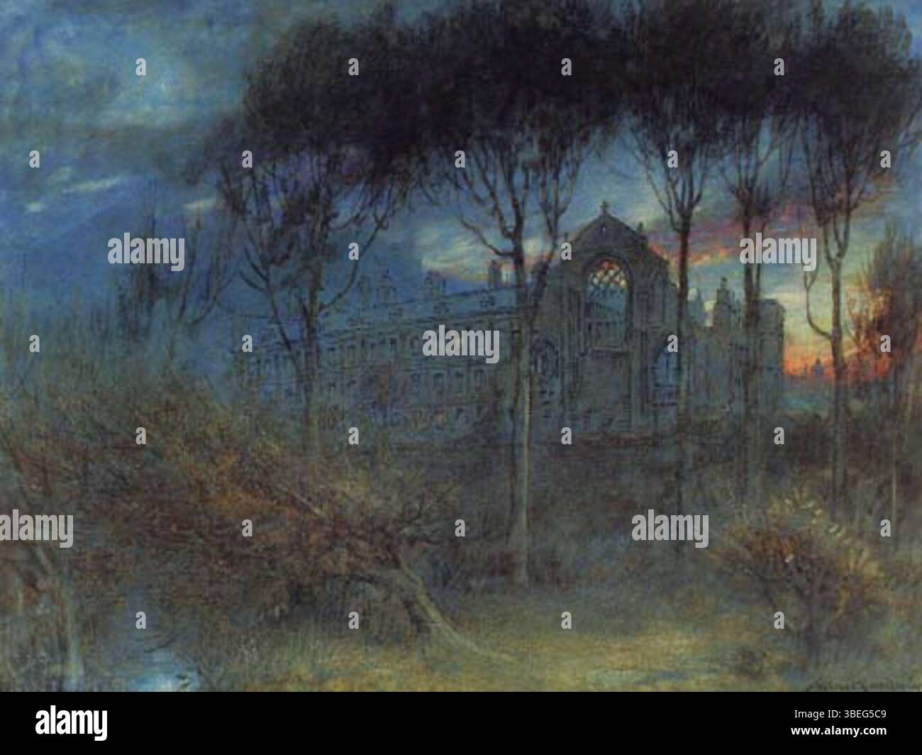 Dipinto di Albert Goodwin (1845-1932) che mostra le rovine dell'abbazia di Holyrood a Edimburgo al crepuscolo. La scena è caratterizzata da luci soffuse e resti gotici. Foto Stock