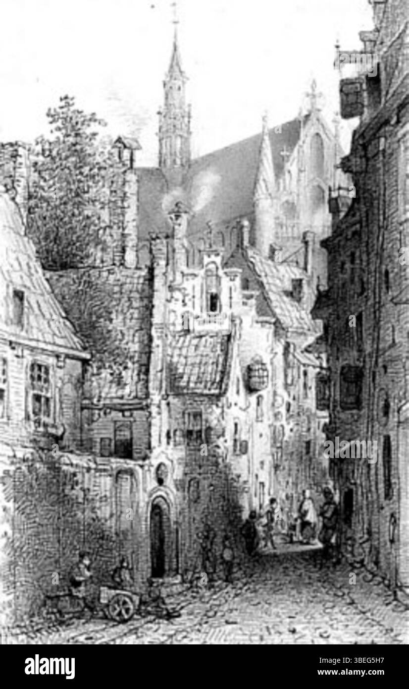 Un disegno a matita di Jacobus Ludovicus Cornet, risalente al XIX secolo, che raffigura una strada a Leida con una chiara vista della Hooglandse Kerk, una chiesa iconica della città. Foto Stock