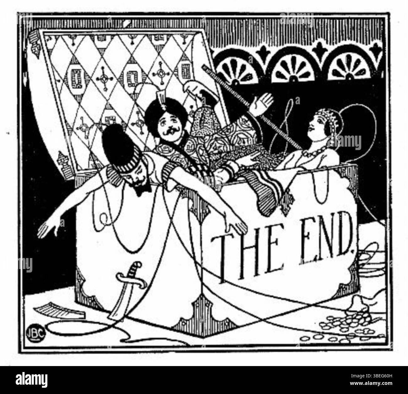 L'illustrazione del 1896 di Joseph Benwell Clark, intitolata *The End*, segna la conclusione di una storia. Il disegno rappresenta visivamente la finalità della narrazione con elementi simbolici che segnalano la chiusura della storia. Foto Stock