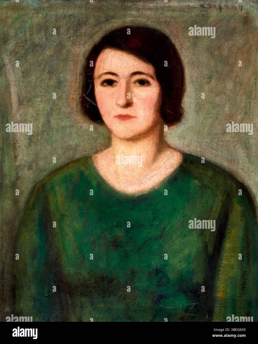 Questo dipinto ad olio di Czigány Dezs, intitolato "Lady in Green", presenta una donna vestita con un abito verde. È dipinto su tela, misura 73 x 60 cm, con la firma dell'artista situata nell'angolo in alto a destra. L'opera esemplifica la raffinata tecnica e l'attenzione ai dettagli di Czigány. Foto Stock