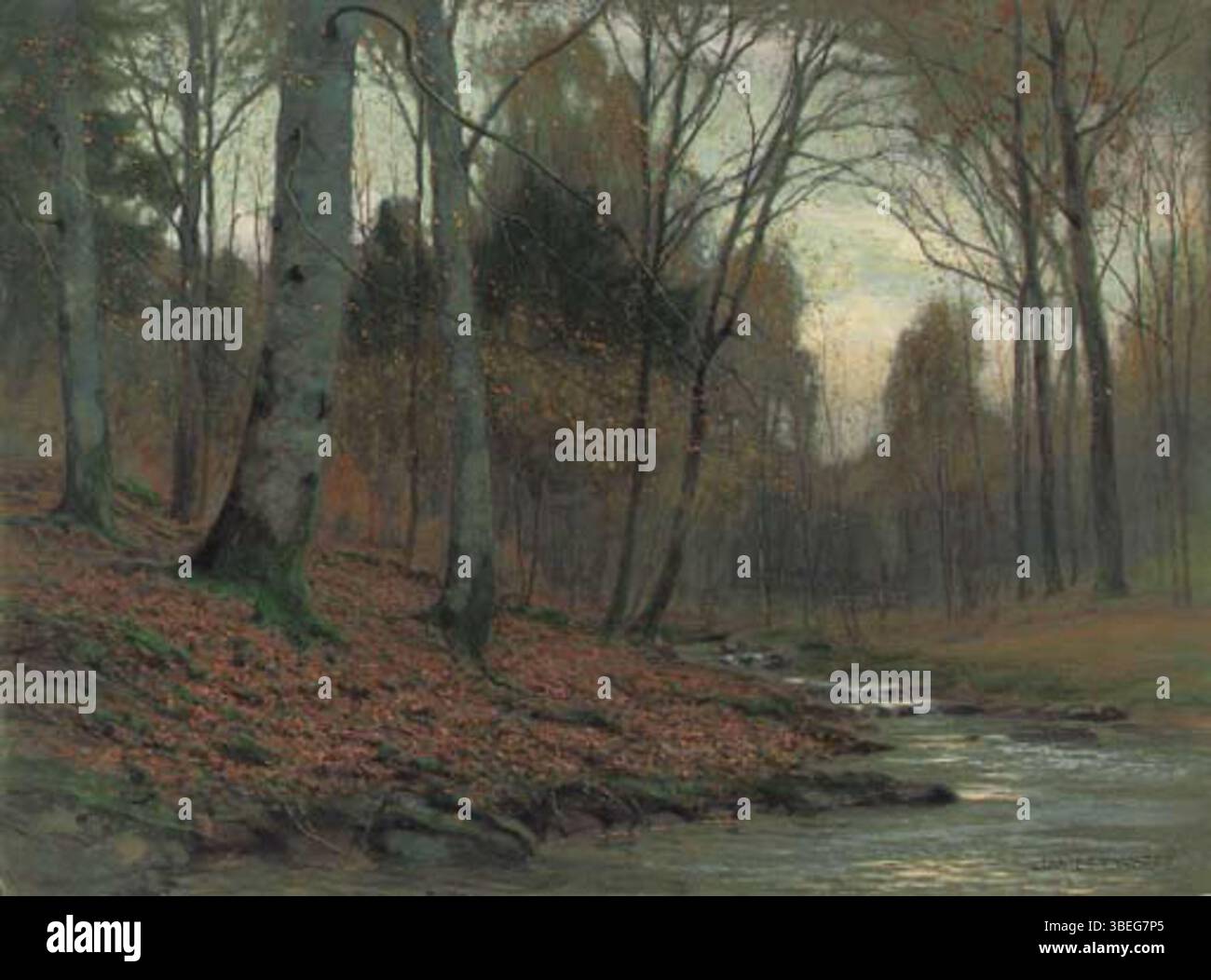 "Autumn Twilight in a Welsh Wood" di James Thomas Watts raffigura la luce che sbiadisce la sera autunnale in un tranquillo bosco gallese, catturando l'essenza della stagione. Foto Stock