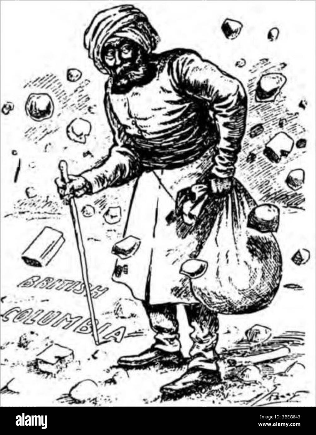 Questo cartone animato politico del 1908 del Montreal Daily Star illustra un anziano Sikh nella Columbia Britannica, Canada, molestato da rocce. La didascalia critica la discriminazione razziale, che riflette le tensioni sociali in Canada che circondano la comunità dell'Asia meridionale. Foto Stock