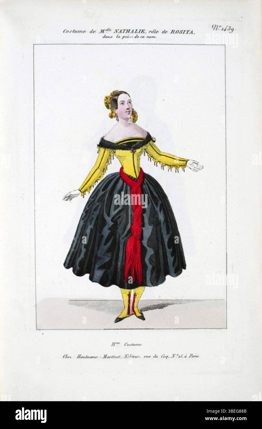 Mademoiselle Nathalie è rappresentata come Rosita nel piatto 1439 di 'Rosita' della serie 'Petite galerie dramatique', raffigurando il personaggio in un costume drammatico, creato da Th. Du Gymnare, pubblicato tra il 1796 e il 1843. Foto Stock