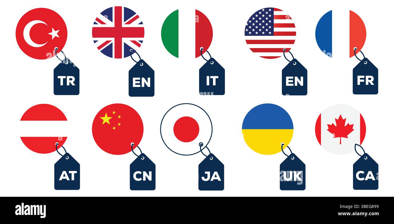 Icone di bandiera del Paese in lingua internazionale con etichette abbreviate per la comunicazione e la traduzione globali Illustrazione Vettoriale