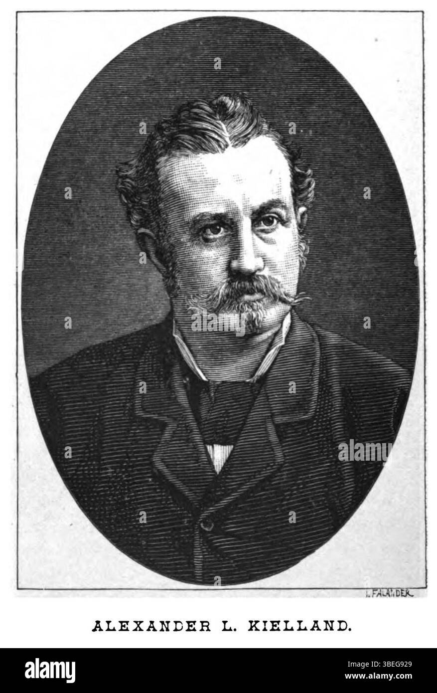 La xilografia del romanziere norvegese *Alexander L. Kielland* di Ida Falander del 1883 appare in *Ur samtiden* di Gustaf af Geijerstam. L'incisione su legno mostra Kielland, una figura chiave nella letteratura norvegese, durante il XIX secolo. Foto Stock