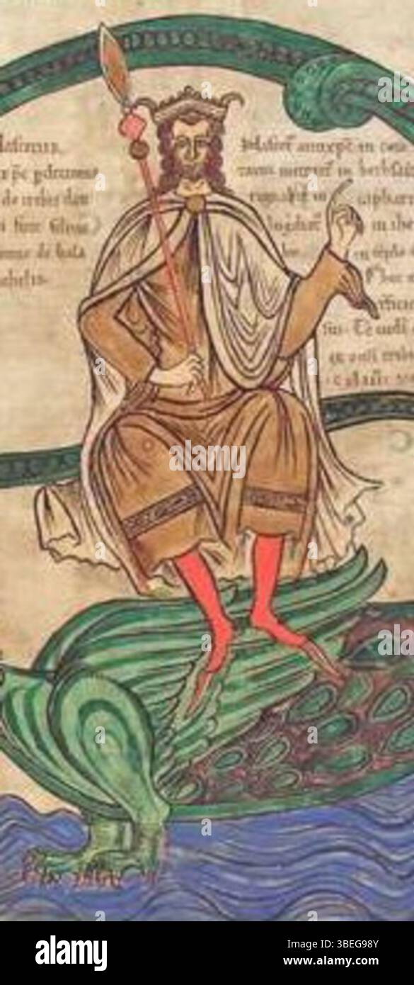 954839 Cod. Guelf. 1 Gud. lat. 42r, Antichrist riding Leviathan, da "Liber Floridus" di Lambert de Saint-Omer c.1120 (vellum) di French School, (XII secolo); Herzog August Bibliothek, Wolfenbuttel, Germania; (add.info.: Liber Floridus ("Libro dei Fiori") è un'enciclopedia medievale che fu compilata tra il 1090 e il 1120 da Lambert, canonico di Saint-Omer; l'enciclopedia medievale di Lambert contiene una storia universale, un resoconto cronologico degli eventi fino all'anno 1119. Si tratta di soggetti biblici, astronomici, geografici, filosofici e di storia naturale. Lambert ha scritto Liber Floridus o Foto Stock