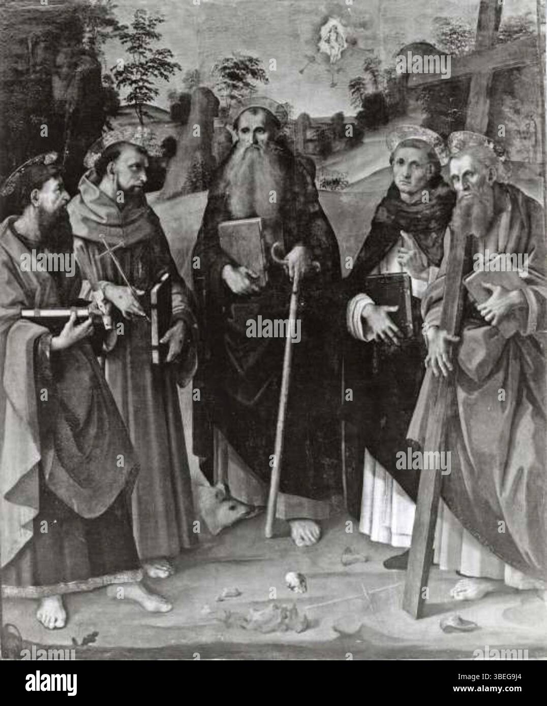 Il dipinto di Michelangelo di Pietro del 1497 raffigura Sant'Antonio Abate circondato dai Santi Bartolomeo, Francesco d'Assisi, Vincent Ferrer e Andrea. L'opera, esposta a San Pietro Somaldi a Lucca, esemplifica la devozione rinascimentale all'iconografia religiosa. Foto Stock