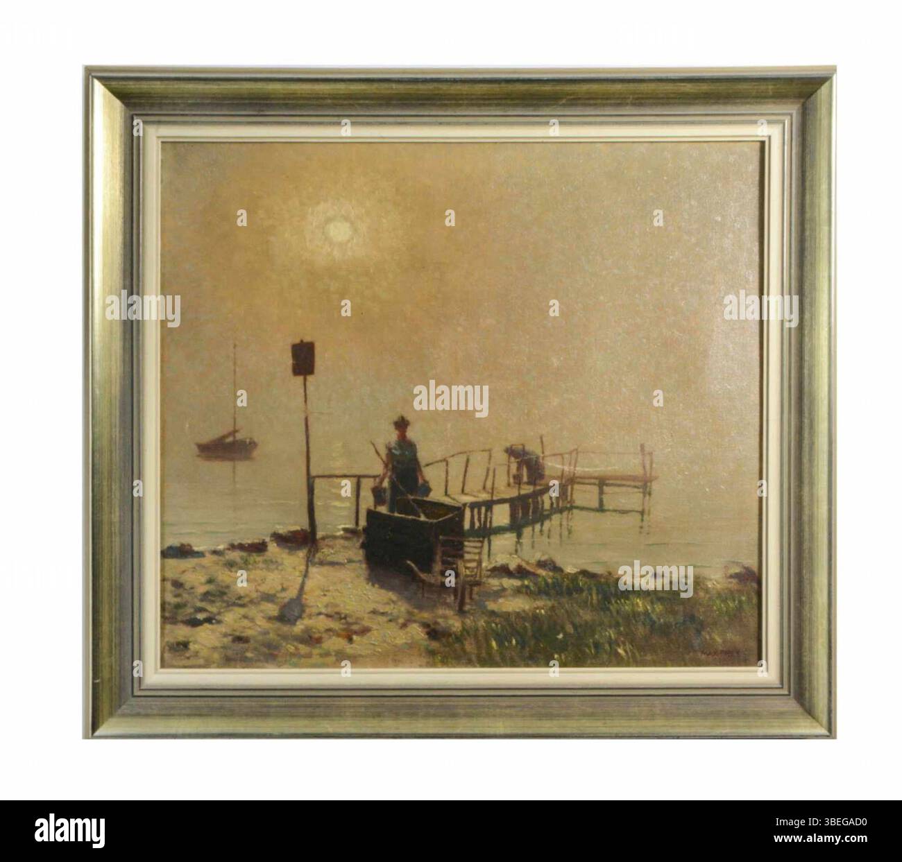 Dipinto ad olio di Max Frey del 1911 che mostra un pontile con architettura dettagliata e dintorni naturali, firmato ed etichettato su tela. Foto Stock