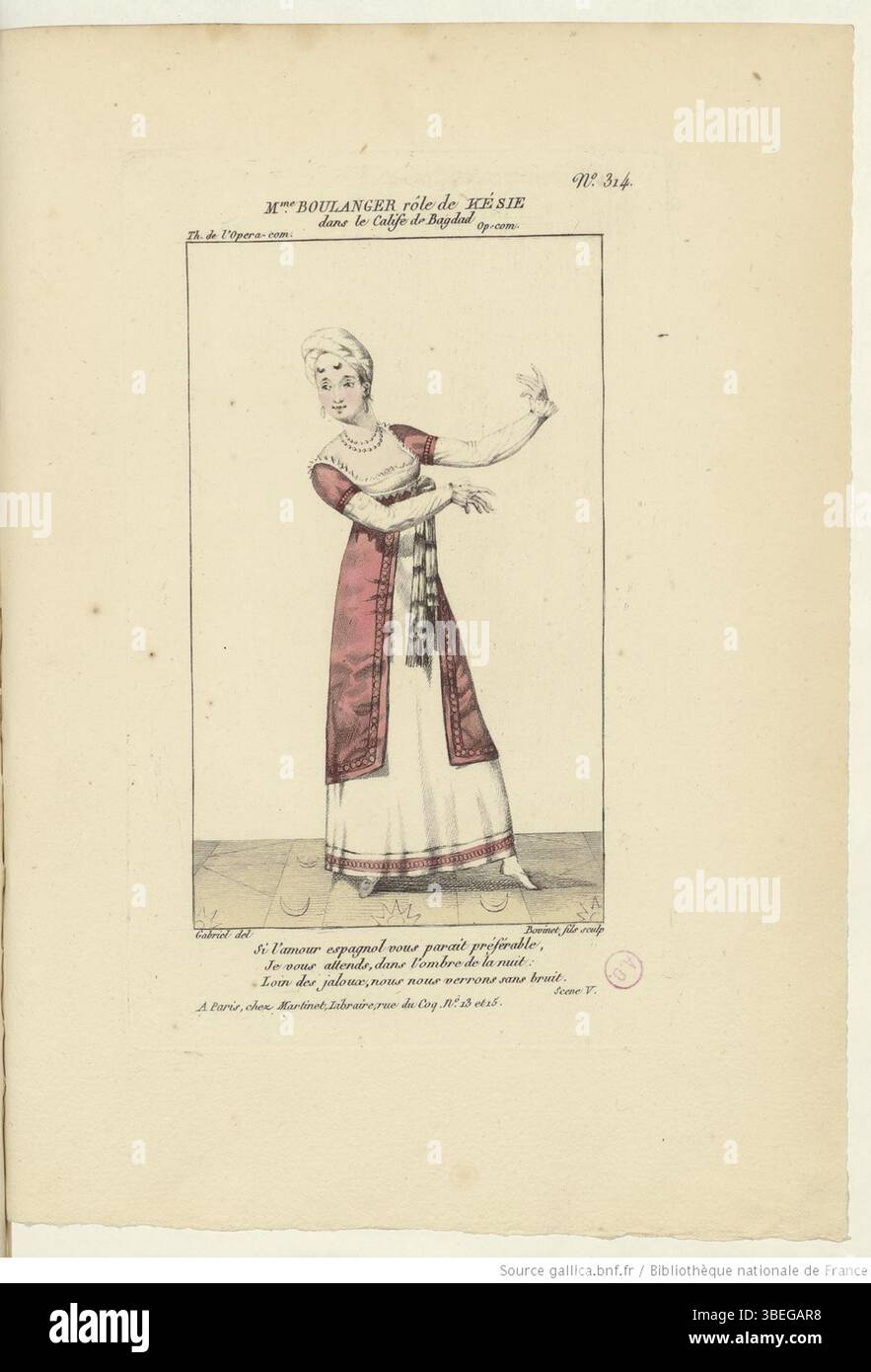 Mademoiselle Nathalie, nota anche come Mme. Boulanger ha interpretato il personaggio di Késie nella produzione teatrale «le Calife de Bagdad». Questa immagine è tratta dalla tavola 314 del volume 3 di Petite galerie dramatique, una collezione di costumi da attore dei teatri di Parigi, datata tra il 1796 e il 1843. Foto Stock