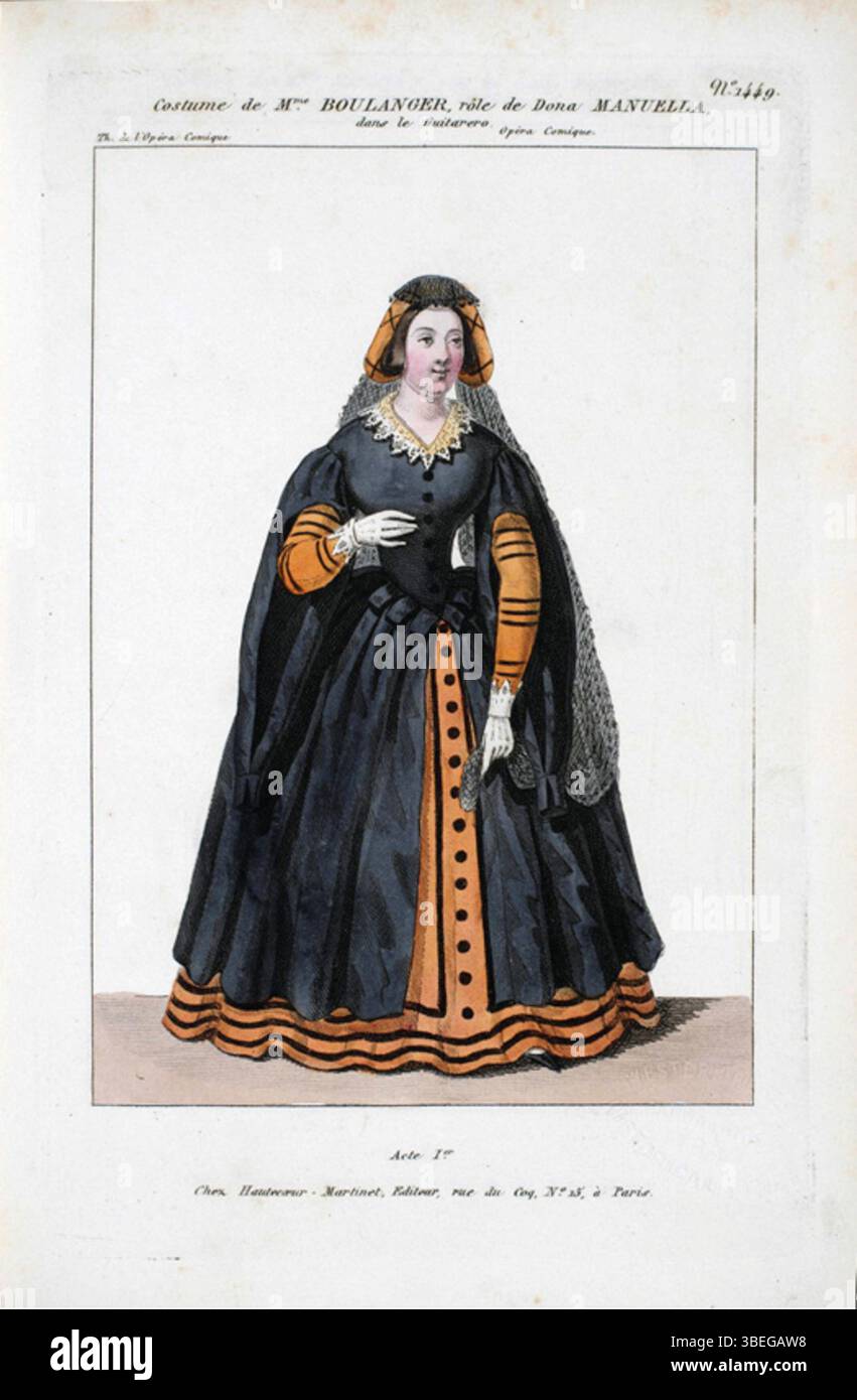 Mademoiselle Nathalie, nota anche come Mme. Boulanger, è mostrata come Dona Manuela nel piatto 1449 di "le Guitarero" dal volume 15 della serie "Petite galerie dramatique", che mostra i costumi degli attori nei teatri parigini. Questa incisione è stata creata da th. Du Gymnare tra il 1796 e il 1843. Foto Stock