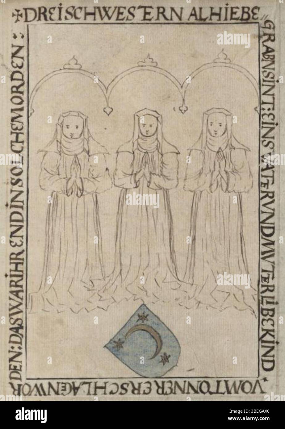 Questa lapide, datata prima del 1629, segna la sepoltura di tre suore della famiglia Attendorn. L'iscrizione proviene dalla Cronaca di Rehbein, un documento storico chiave. Foto Stock