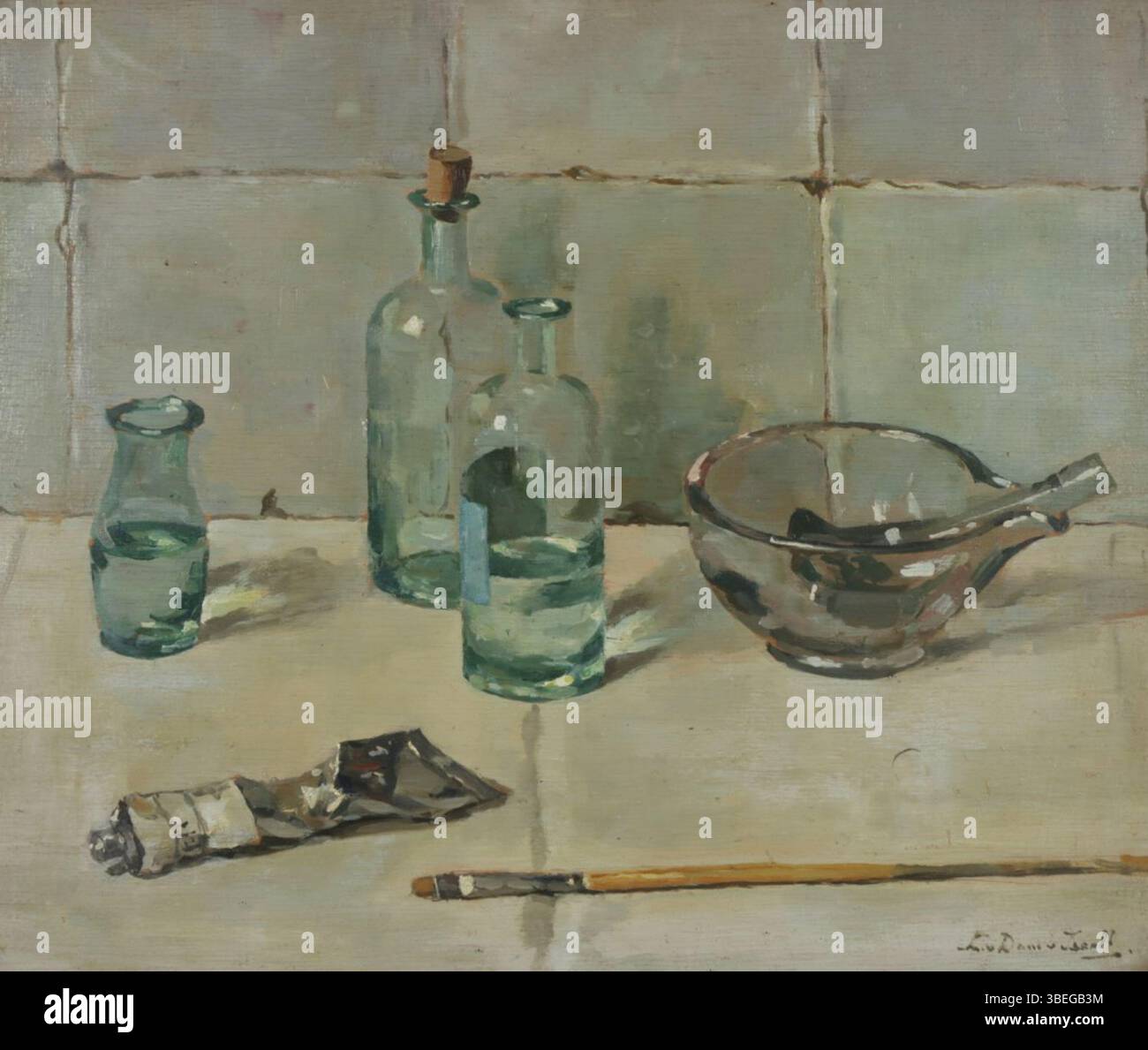 "Fleschjes" (piccole bottiglie) di Lucie van Dam van Isselt, circa 1935. Questa verniciatura a olio su pannelli (37 x 44,5 cm) presenta piccole bottiglie dietro il vetro, che catturano le loro qualità trasparenti e i dettagli delicati. Foto Stock