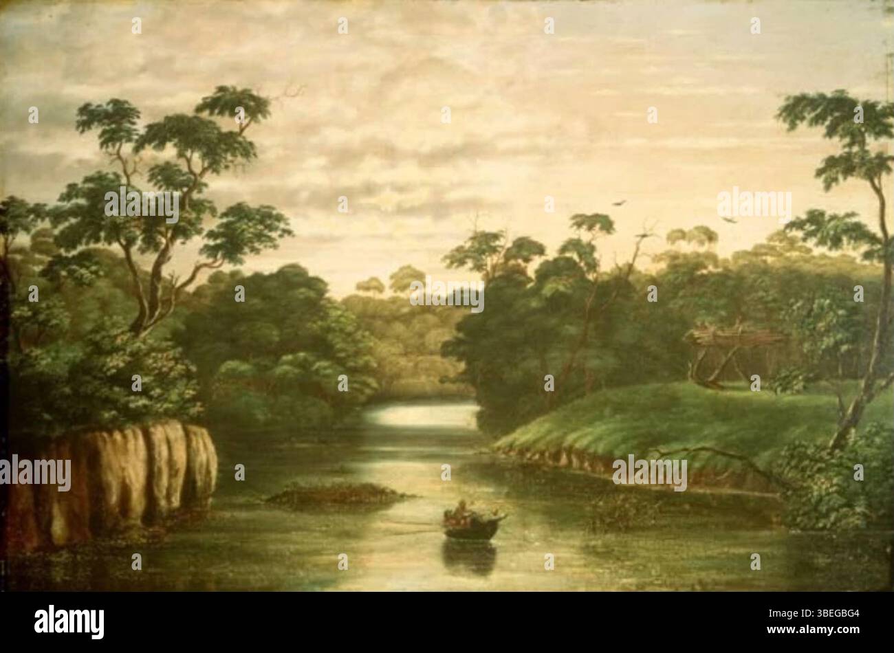 Questo dipinto di Graham Gore, creato nel 1841, raffigura Burial Reach e Flinders River in Australia. L'opera riflette la prima esplorazione europea del paesaggio australiano, sottolineando le caratteristiche naturali del fiume e dell'ambiente circostante. Foto Stock
