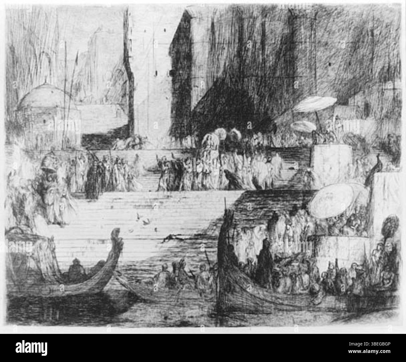 "A Funeral Ceremony on the Gange" di Marius Bauer, dipinto nel 1904, raffigura una tradizionale scena funeraria lungo il fiume Gange, che mette in mostra rituali indiani e pratiche culturali. Foto Stock