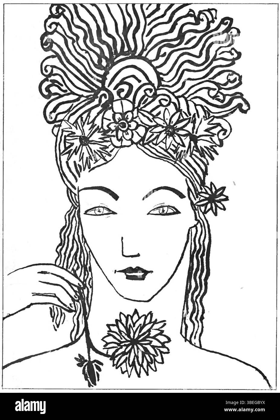 L'illustrazione di Pamela bianco a pagina 41 di *Flora*, un libro di disegni e poesie, presenta una suggestiva rappresentazione di un tema della poesia. Il lavoro dettagliato e le immagini emotive creano una forte connessione tra l'arte scritta e quella visiva. Foto Stock