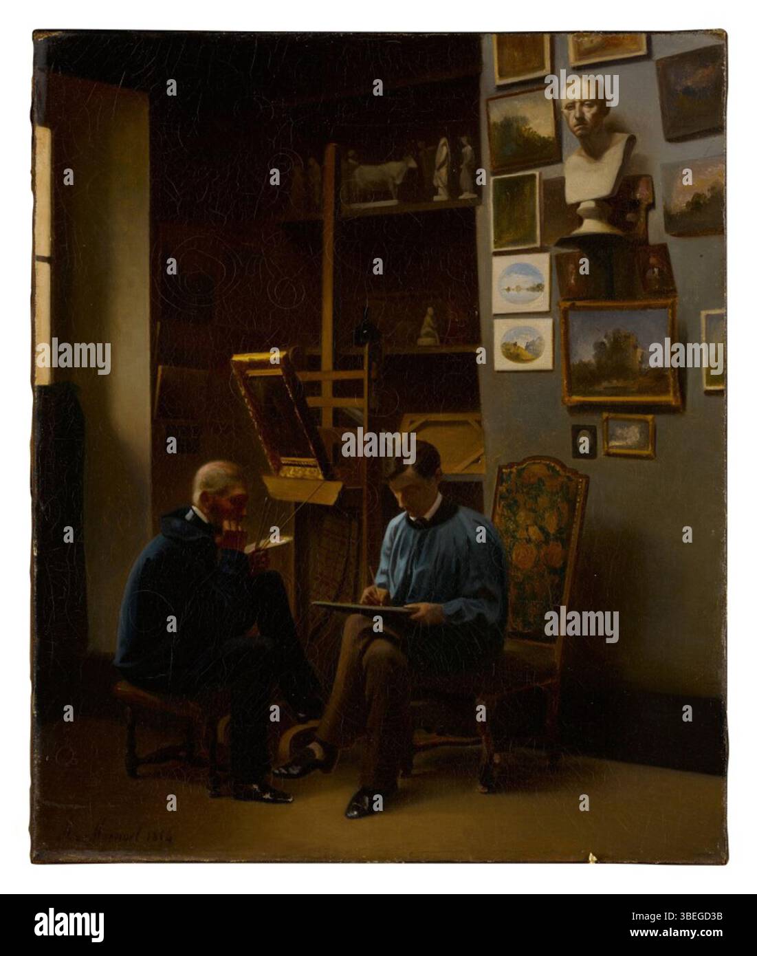 "In the Artist's Studio" è un dipinto di Auguste Monvel che raffigura lo spazio di lavoro di un artista. Il pezzo riflette l'interesse di Monvel per gli spazi artistici e l'ambiente che forma la creatività e il processo dell'artista. Foto Stock