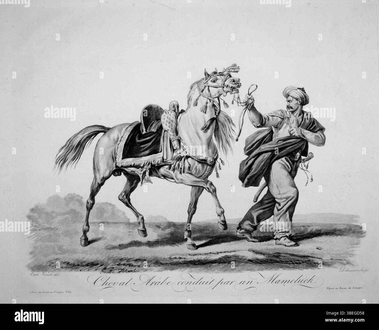 Un'incisione di Philibert-Louis Debucourt che mostra un mamelucco che guida un cavallo arabo. Creato tra il 1800 e il 1822, riflette i temi orientalisti del tempo. Foto Stock