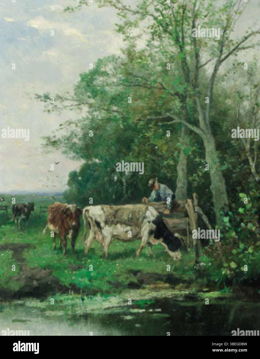Johan Scherrewitz (1868–1951) catturò un contadino chiudendo un cancello mentre le mucche pascolavano in un prato, mettendo in evidenza la vita agricola pacifica e tradizionale della campagna olandese. Foto Stock