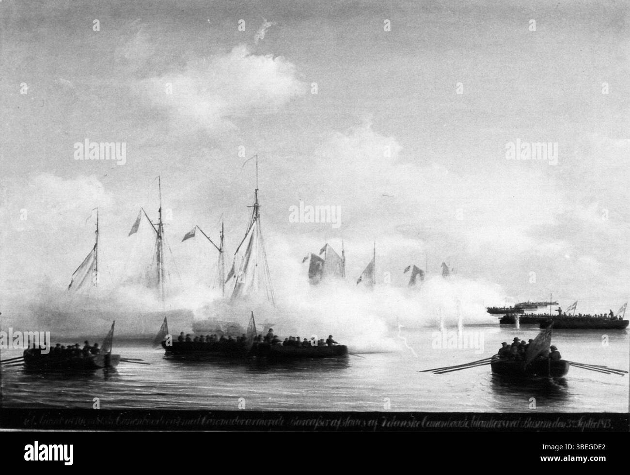 Il dipinto ad olio di Anton Melbye, raffigurante una battaglia navale il 3 settembre 1813 tra le forze britanniche e danesi. Il dipinto mostra le cannoniere britanniche e danesi impegnate in battaglia vicino a Büsum. Foto Stock