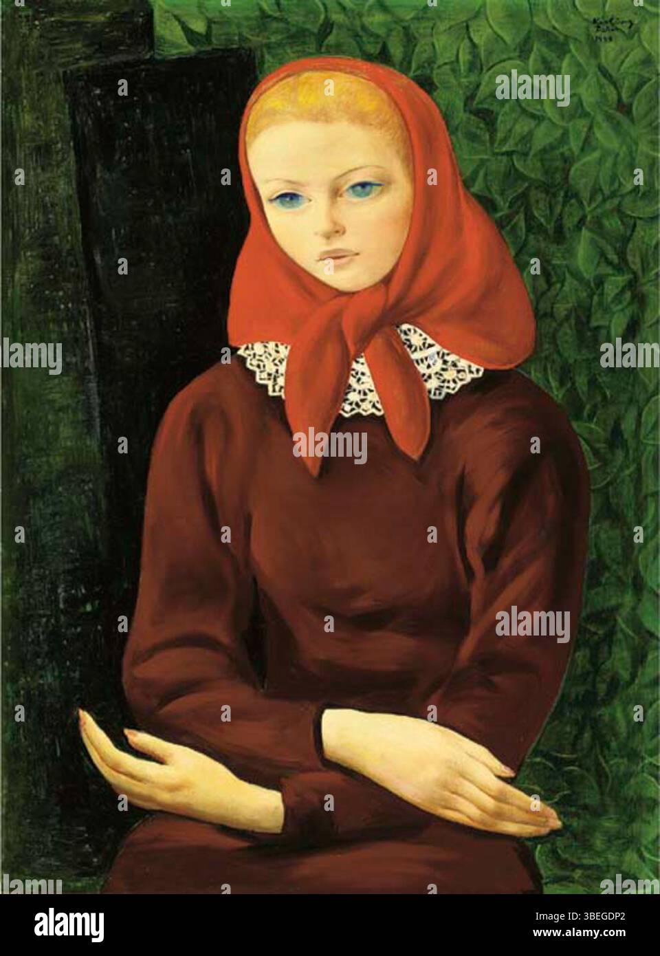 Questo dipinto di Moise Kisling del 1949 presenta un ritratto di una giovane donna dai capelli biondi, un soggetto caratteristico delle opere successive di Kisling. Il suo stile è noto per catturare forme umane naturalistiche e il gioco di luce su pelle e capelli. Kisling è stato influenzato sia dall'arte francese che dall'arte dell'Europa orientale, mescolando una vivida rappresentazione del realismo con la semplicità stilistica. Foto Stock