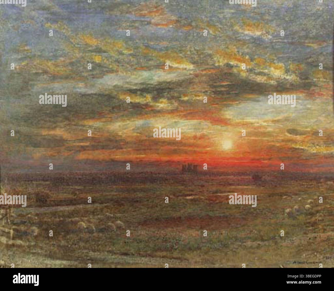 Dipinto di Albert Goodwin raffigurante la cattedrale di Wells nel Somerset al tramonto, enfatizzando la sua architettura gotica e i caldi colori crepuscolari. Foto Stock