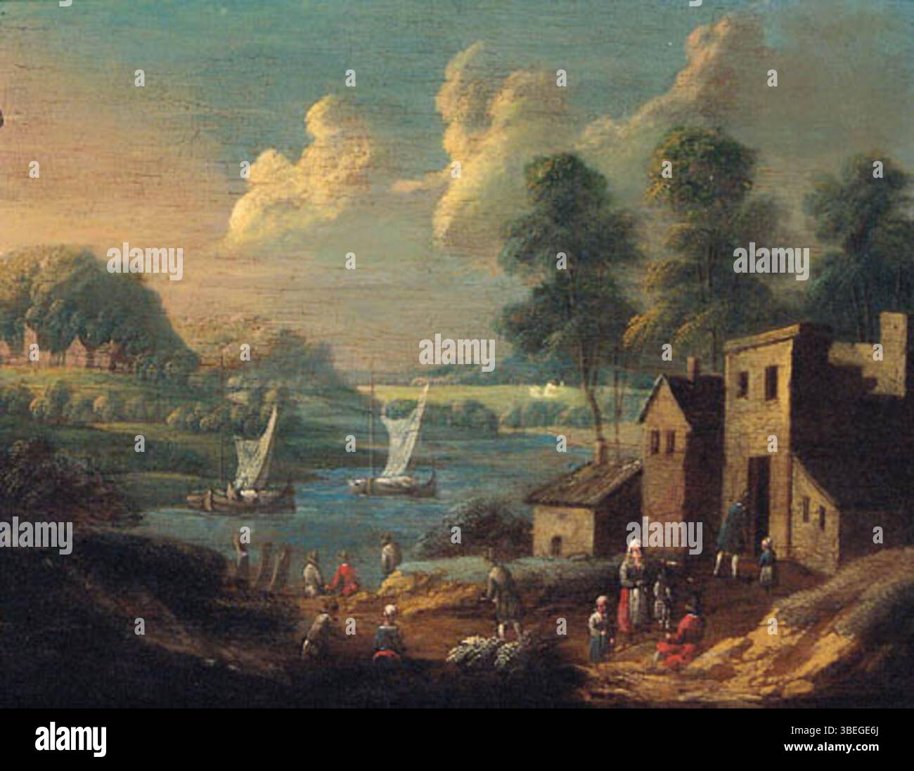 Questo paesaggio dipinto da Marc Baets, creato tra il 1700 e il 1749, raffigura un tranquillo villaggio vicino a un fiume. Le opere d'arte catturano la serena bellezza della vita rurale, con un fiume calmo e case annidate in un ambiente verdeggiante. Foto Stock