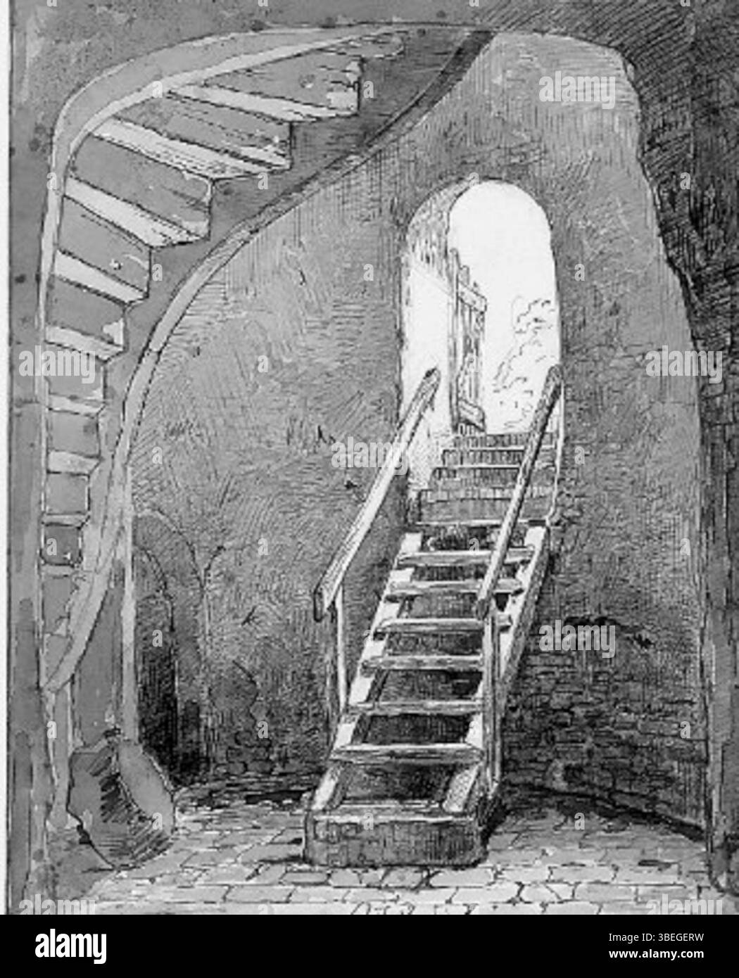 Questo schizzo di Jacobus Ludovicus Cornet, datato al XIX secolo, mostra una scala che conduce ad un seminterrato, con una capra disegnata sul retro. L'uso di matita, penna e inchiostro marrone riflette lo studio architettonico dettagliato di Cornet. Foto Stock