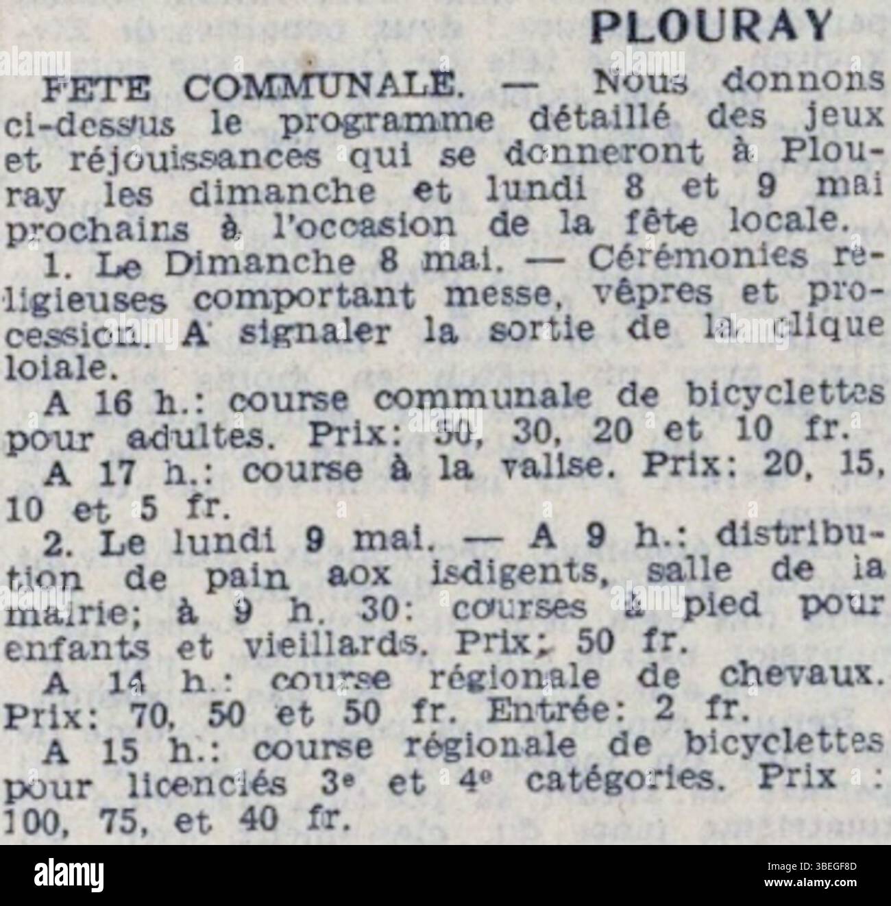 Il festival locale del 1938 a Plouray, come documentato nel Journal la Dépêche de Brest et de l'Ouest, descrive in dettaglio le celebrazioni previste per l'8 maggio 1938. Questo evento mette in evidenza le attività culturali e sociali della Bretagna rurale. Foto Stock