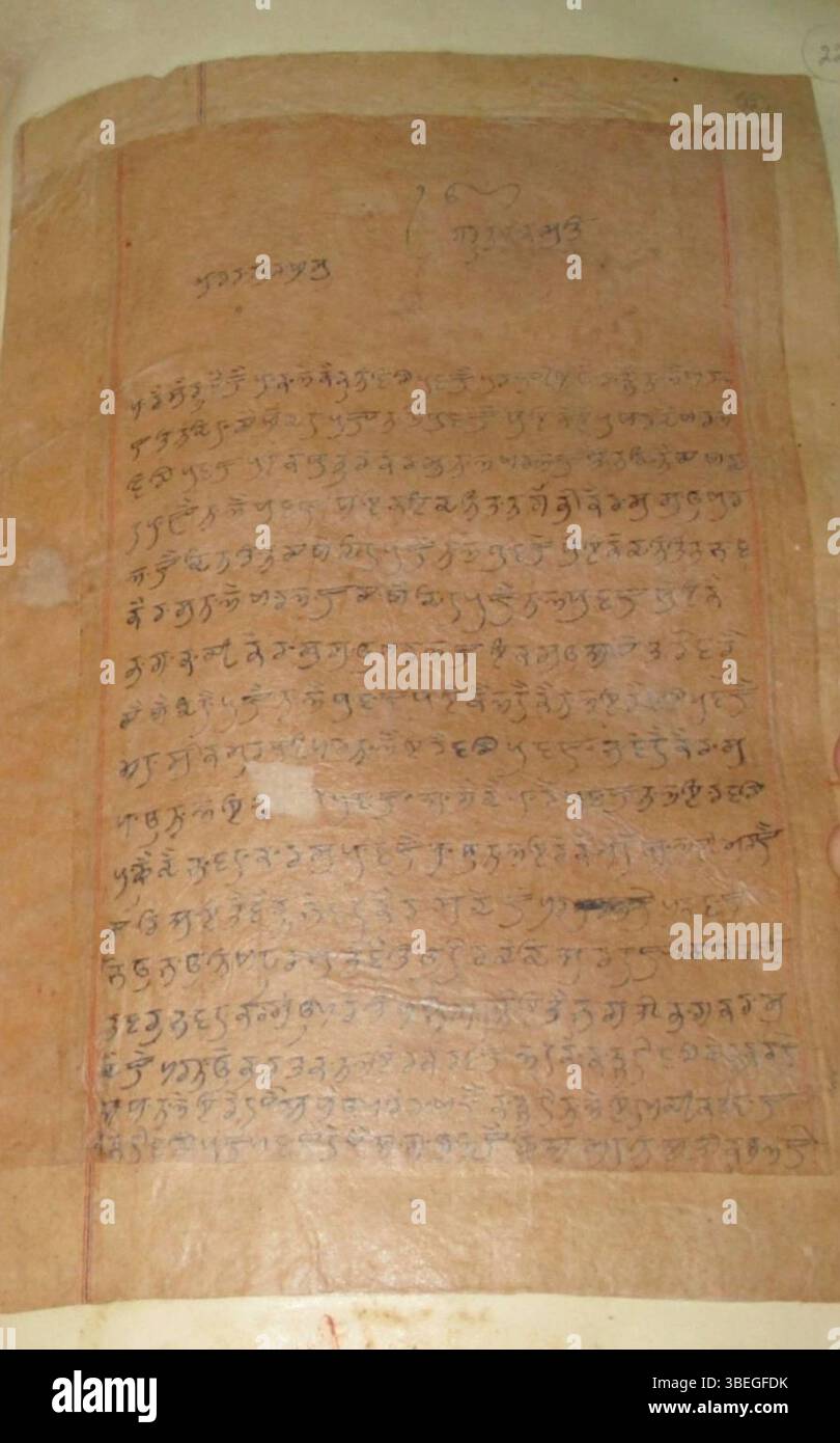 Questo folio del Kartarpur Bir contiene una composizione sulla ricetta di una pozione di mercurio, parte della scienza tradizionale indiana della rasashastra. Scritto in una forma arcaica di Gurmukhi, presenta interpunti, indicando uno stile di scrittura unico. Questa composizione, eventualmente aggiunta in seguito, riflette l'integrazione della conoscenza spirituale e scientifica. Foto Stock