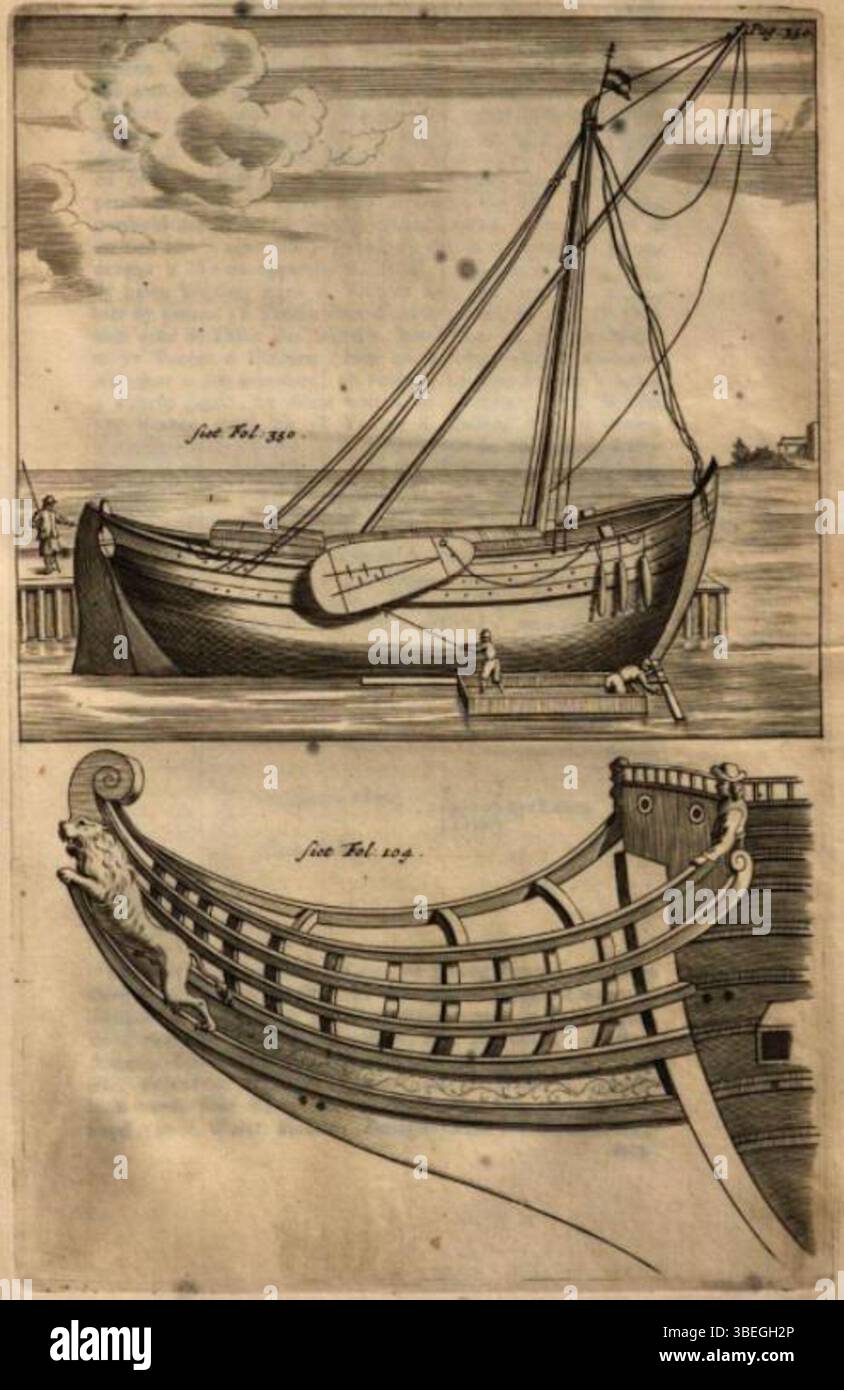 Un quadro di *De Nederlandsche scheeps-bouw-konst opengestelt* di Cornelis van YK, illustrato da Jan e Caspar Luyken nel 1697, che mostra le tecniche di costruzione navale olandesi e il loro significato nel contesto della storia marittima del XVII secolo. Foto Stock
