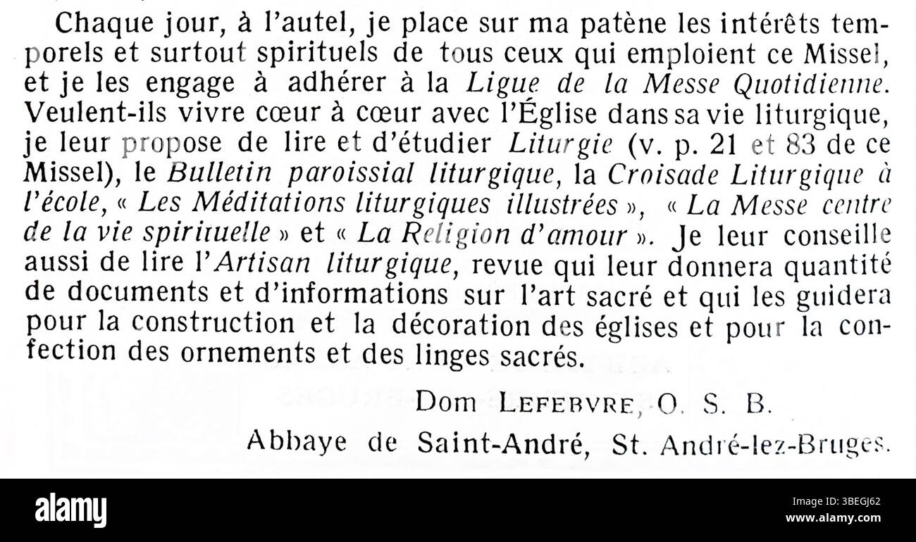 Questo estratto dell'edizione 1937 del "Missel Quotidien et Vespéral" di Gaspar Lefebvre presenta preghiere e vespri quotidiani in una grande edizione. Lefebvre, noto per il suo lavoro nell'editoria religiosa, contribuì ai testi liturgici con questa dettagliata edizione di grande formato. Foto Stock