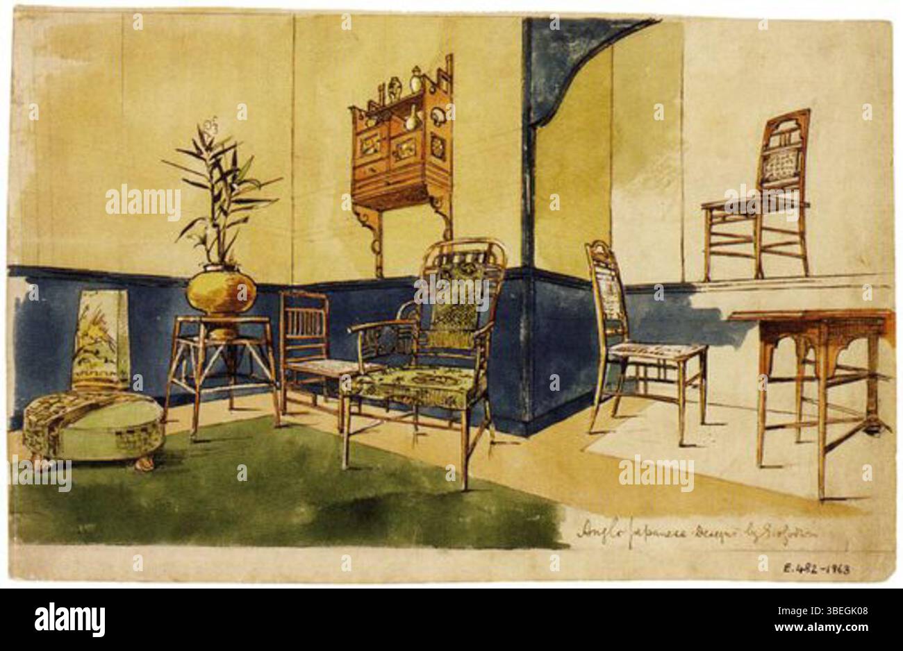 'Anglo Japanese Furniture' del 1875 di Edward William Godwin presenta una miscela di influenze del design inglese e giapponese. Questo pezzo rappresenta la fusione di due distinte estetiche culturali nel design degli arredi di epoca vittoriana. Foto Stock
