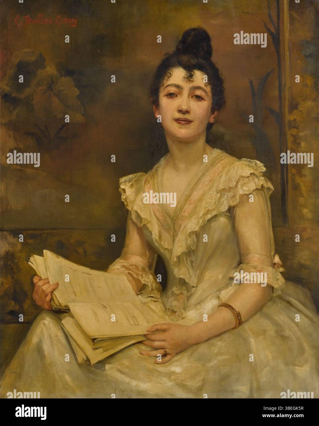 Caroline Feuillas-Creusy's *Lady in White Reading a Music Score* ritrae una donna assorbita dalla sua musica, catturando un momento di calma concentrazione. Il dipinto riflette l'attenzione dell'artista per i dettagli e il tono emotivo. Foto Stock