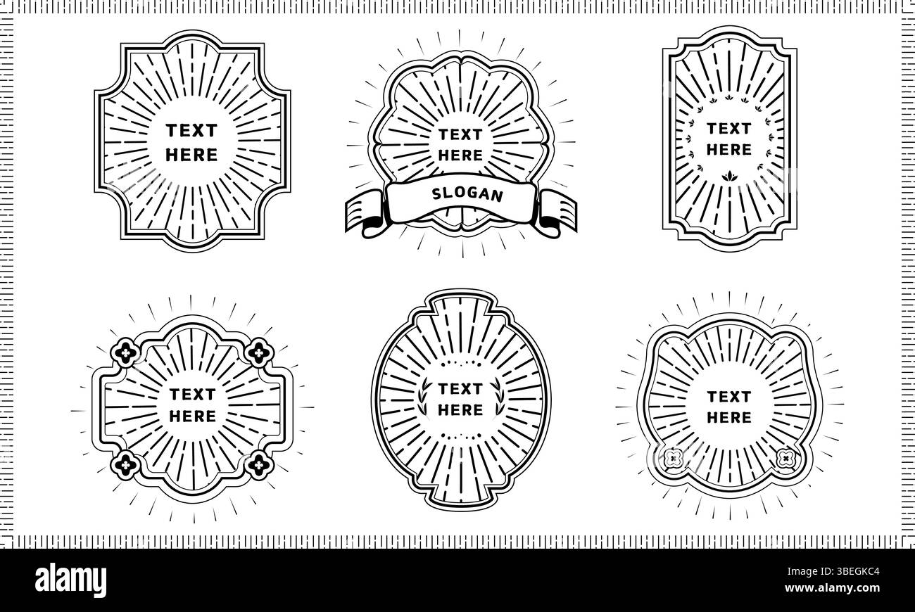 Un set di badge orientali in stile vintage con dettagli Sunburst, perfetti per loghi, etichette, imballaggi, branding, o design retrò. Illustrazione Vettoriale