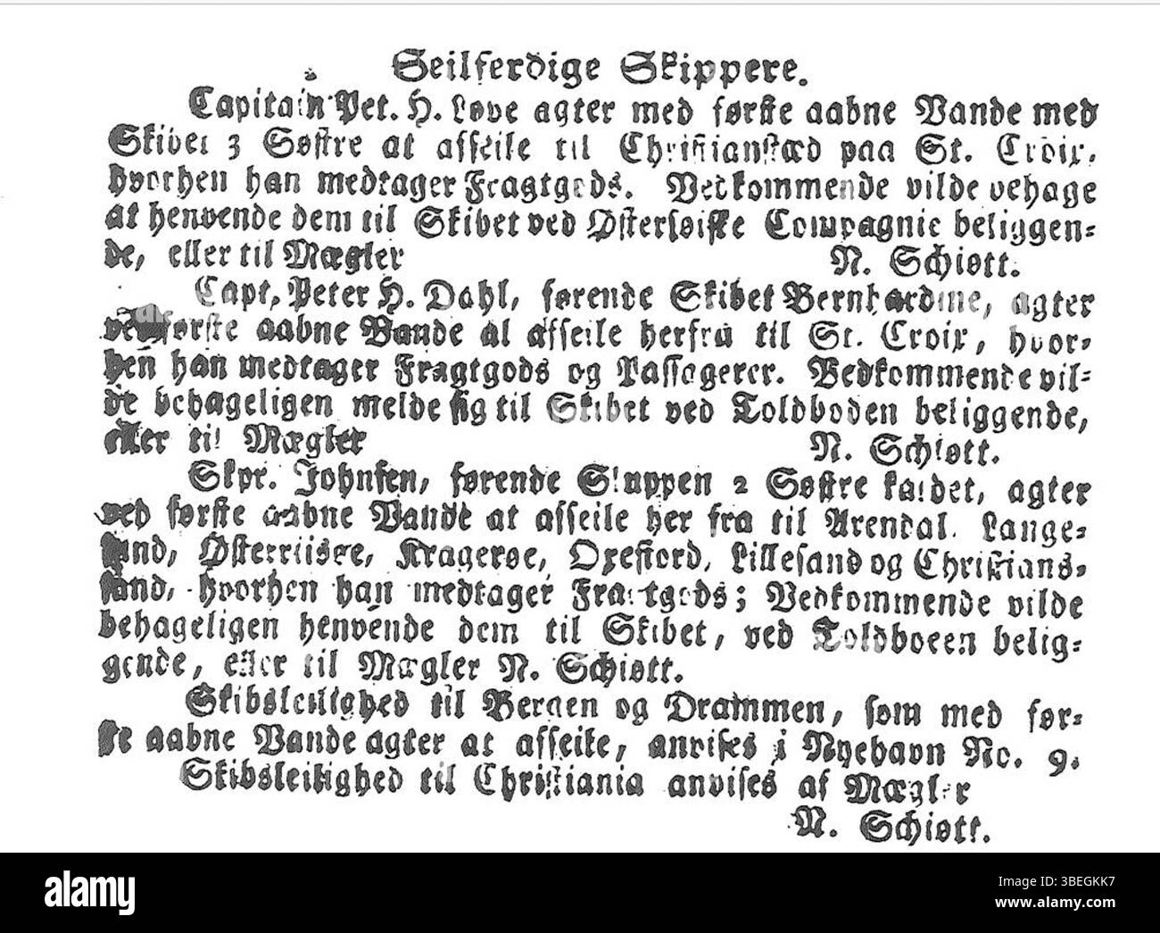 Questo annuncio pubblicitario del 1795 annunciava la disponibilità di due navi, "De tre Søstre" e "Bernhardine", a salpare da Copenaghen verso le Indie occidentali. A causa di un rigido inverno, la loro partenza fu ritardata di un mese. Foto Stock Questo annuncio pubblicitario del 1795 annunciava la disponibilità di due navi, "De tre Søstre" e "Bernhardine", a salpare da Copenaghen verso le Indie occidentali. A causa di un rigido inverno, la loro partenza fu ritardata di un mese. Foto Stock