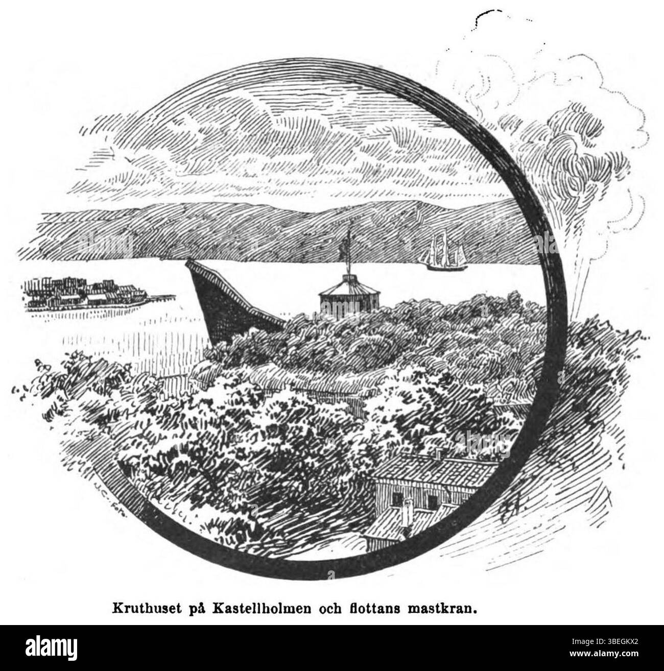 Questa illustrazione a pagina 19 del libro del 1895 *EN gammal stockholmares hågkomster från stad och skola* ritrae Kruthuset su Kastellholmen a Stoccolma, mostrando l'architettura e il paesaggio urbano della città durante il XIX secolo. Foto Stock