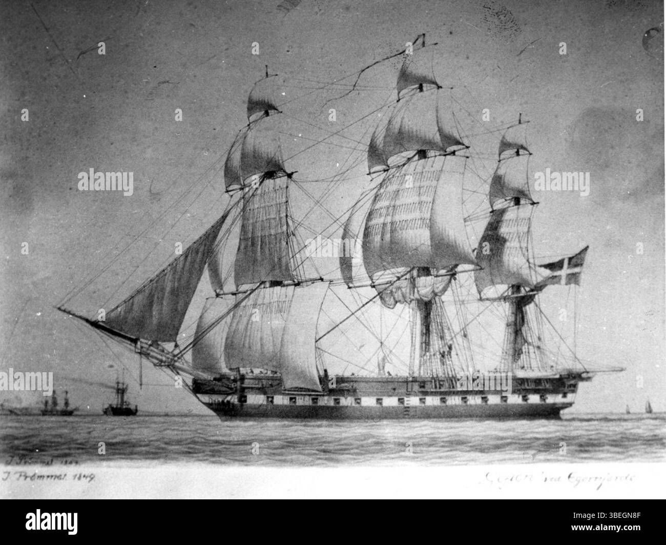 Questo dipinto di J. Prömmer, creato nel 1849, raffigura la nave da guerra danese HDMS Gefion a Egernförde. L'opera riflette il significato storico della nave nella storia navale danese. Foto Stock
