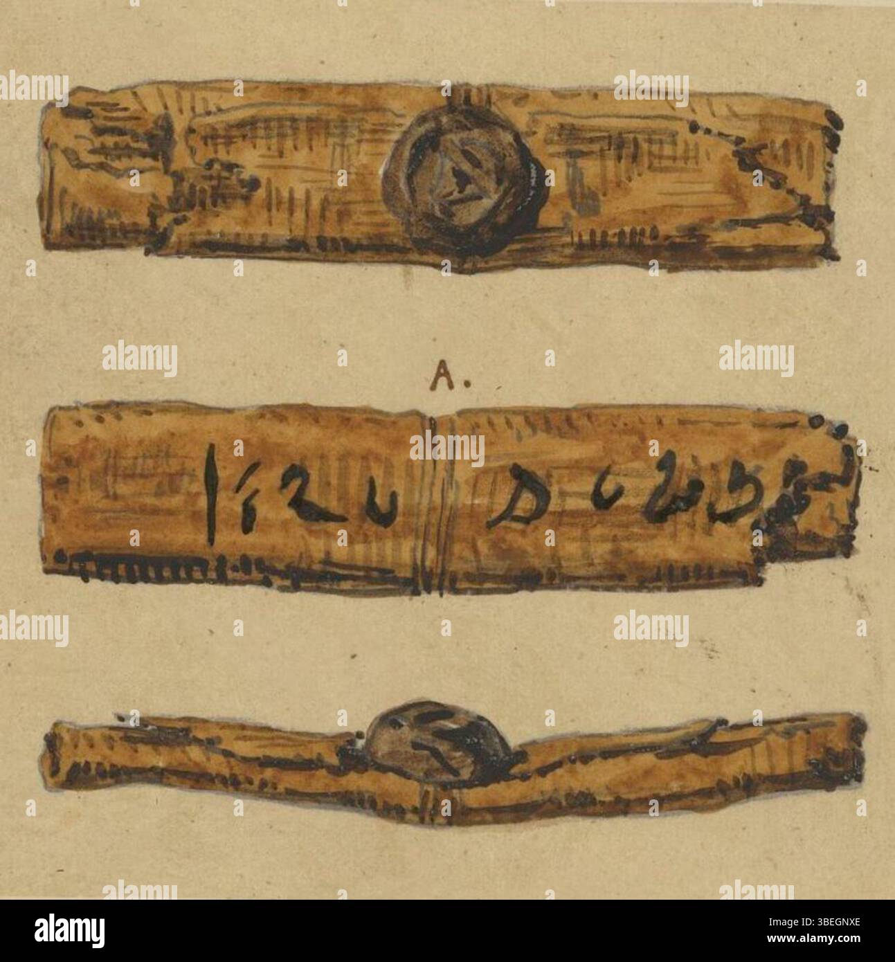 Un disegno egiziano, etichettato "Egiziano 214", con scrittura demotica risalente al IV secolo a.C. L'opera, attribuita ad un autore anonimo, fu creata nell'antico Egitto, mostrando i primi simboli scritti. Foto Stock