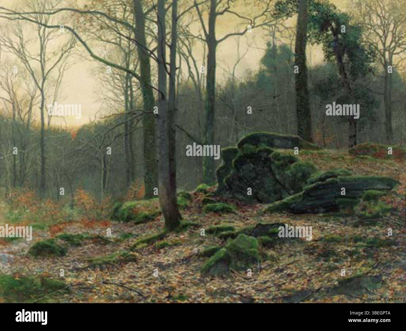 Il dipinto di James Thomas Watts "Twilight in a Welsh Wood" (1853-1930) cattura un momento tranquillo in una foresta gallese al crepuscolo, evidenziando il soffice bagliore del crepuscolo che filtra tra tra gli alberi. Foto Stock