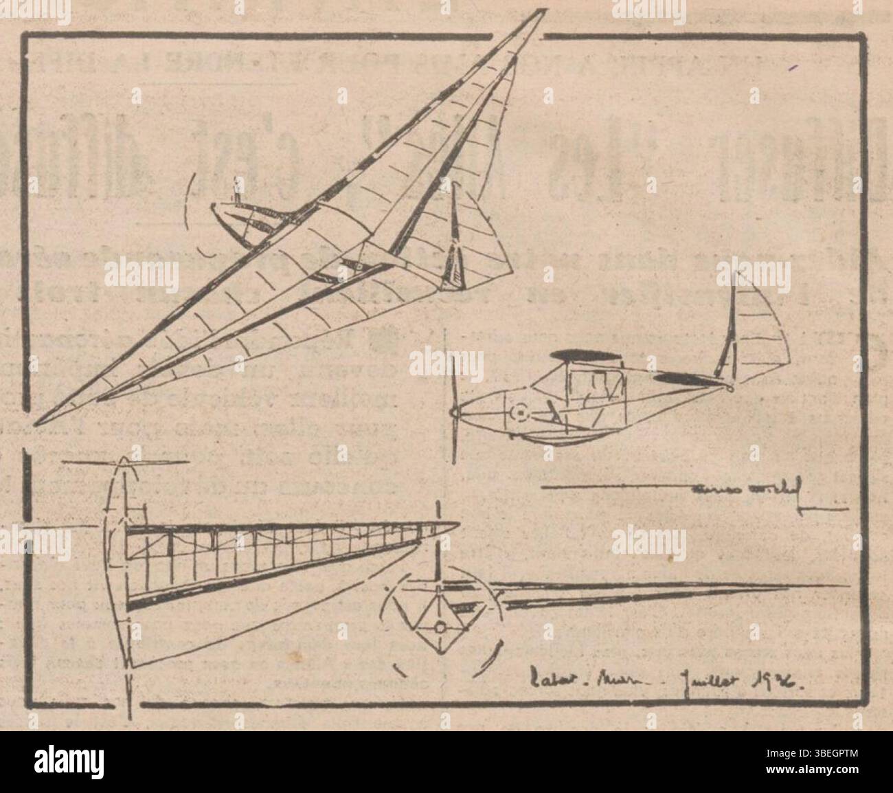 Questo studio di Michel Minéo del luglio 1936 esamina i concetti di volo a propulsione umana. Il disegno si concentra sul design e sulla meccanica dietro un aereo a propulsione umana, un passo significativo nella storia iniziale del volo. Foto Stock