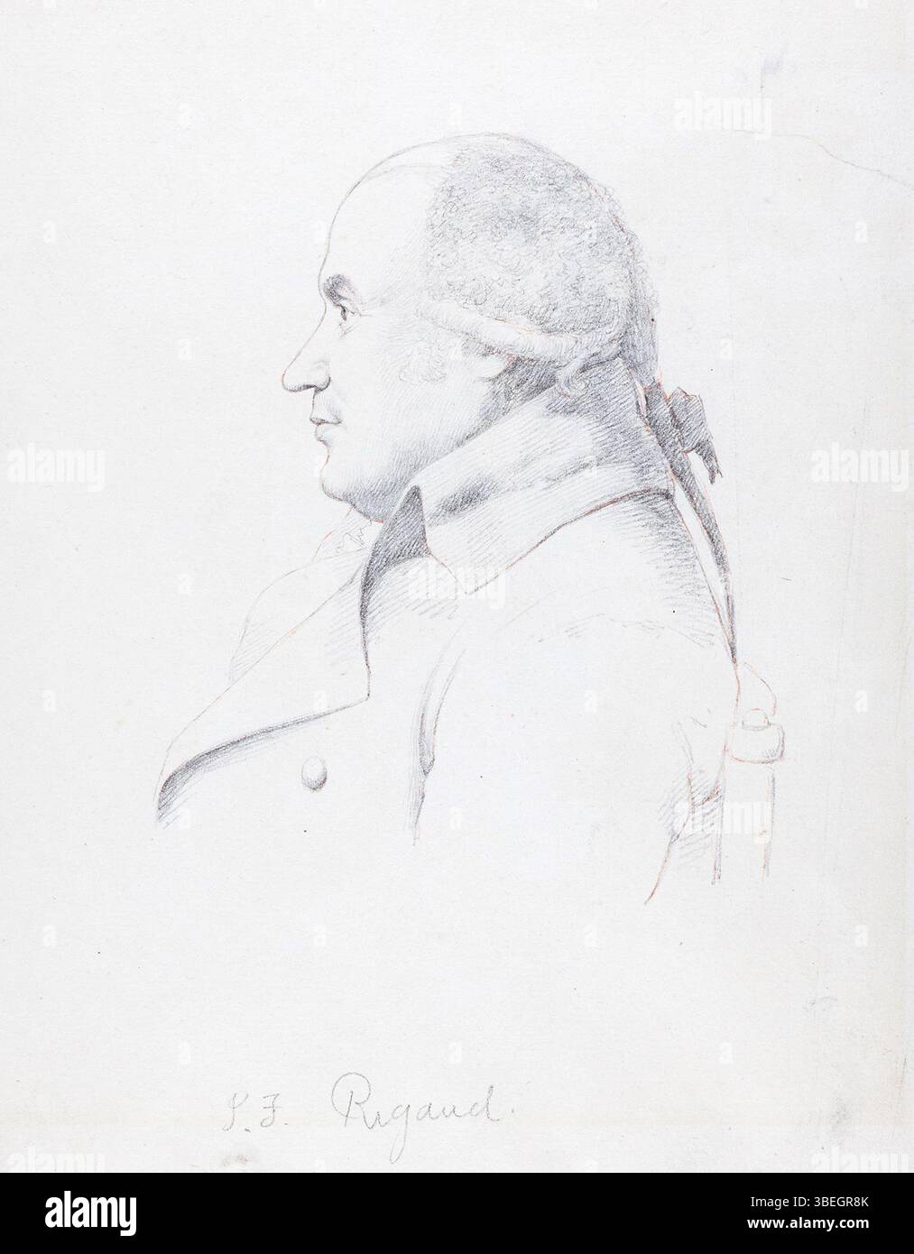 Questa opera d'arte, creata da William Daniell dopo George Dance il giovane, raffigura il ritratto di John Francis Rigaud, un ritrattista del XVIII secolo. Il pezzo è stato originariamente realizzato come disegno preparatorio per un'incisione di Daniell, che mostra l'immagine di Rigaud. Foto Stock