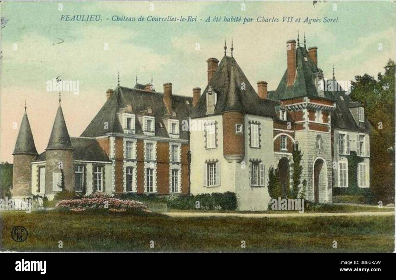 Cartolina a colori del 1930 circa che mostra il Château de Courcelles-le-Roy a Beaulieu, un tempo abitato da Carlo VII e Agnès Sorel. Foto Stock
