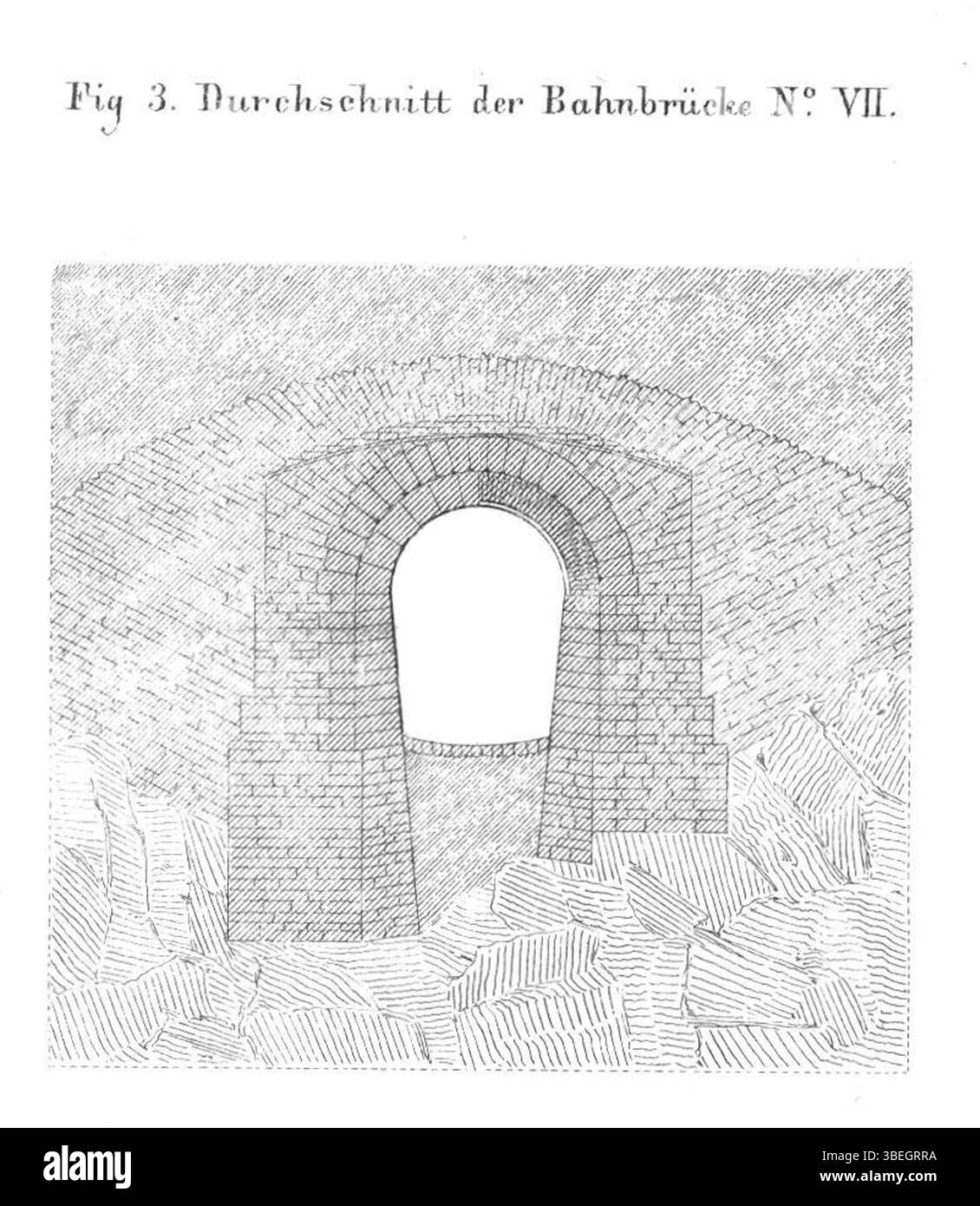 1851 disegno tecnico che mostra la sezione trasversale del ponte ferroviario n.. VII sulla ferrovia bavarese-sassone, Schiefe Ebene, in alta Franconia, Germania. Foto Stock