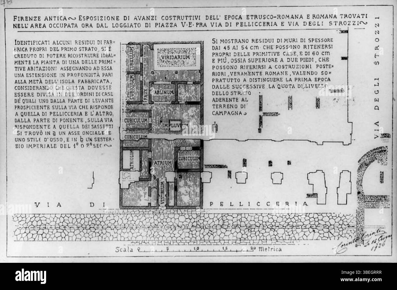 Questa mostra a Firenze nel 1926 presentava resti architettonici di epoca etrusco-romana e romana, rinvenuti nell'area oggi occupata dalla loggia di Piazza V. E., tra via di Pellicceria e via degli Strozzi. Questi manufatti evidenziano la storia antica della città. Foto Stock